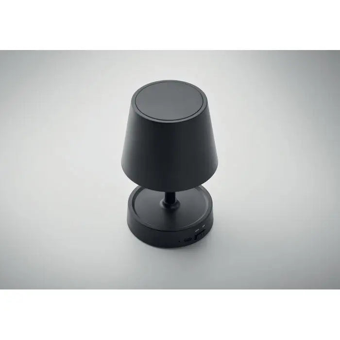 Lampa de masa reincarcabila prin usb cu finisaj negru mat, abajur conic si baza circulara din metal