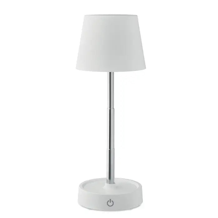 Lampa de masă albă cu picior cromat și abajur cilindric moale, reîncărcabilă prin usb