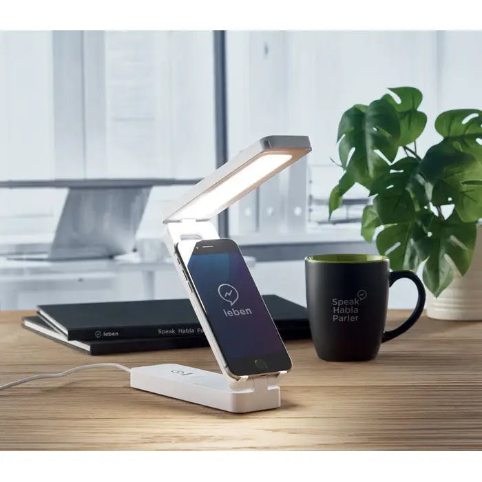 Lampa pliabila alba cu suport telefon integrat si panou led, incarcator wireless 10w pentru birou eficient