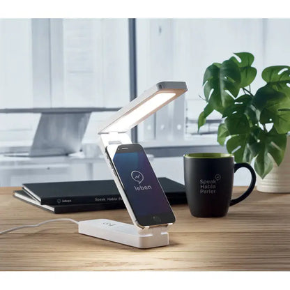 Lampa pliabila alba cu suport telefon integrat si panou led, incarcator wireless 10w pentru birou eficient