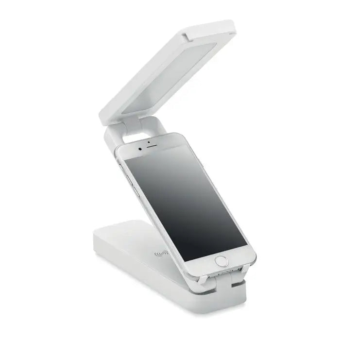 Stand telefon alb din plastic cu capac pliabil si incarcator wireless 10w integrat pentru birou