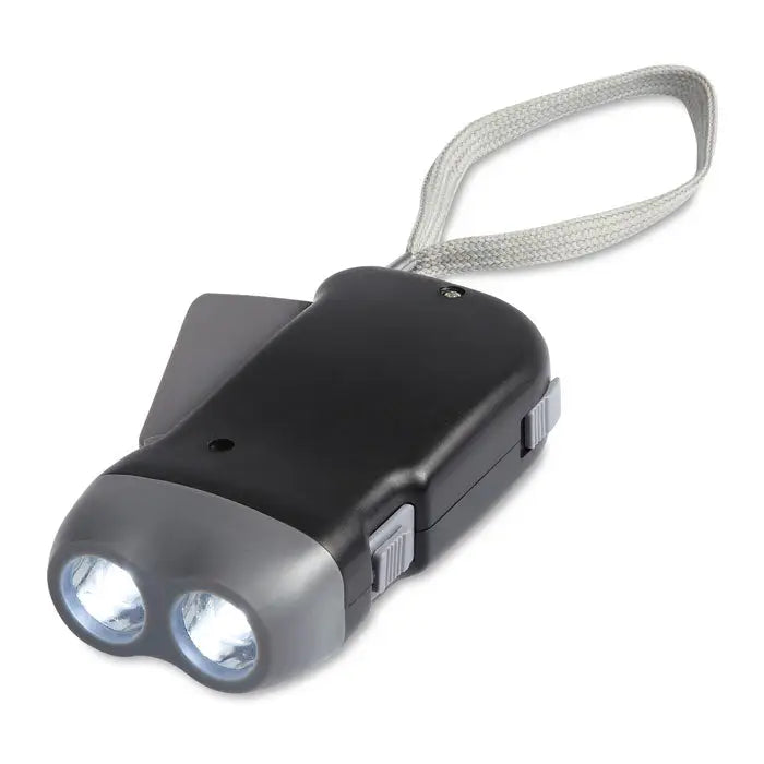 Lanterna cu 2 led-uri dinam neagra si gri cu doua capete si curea de mana din material textil