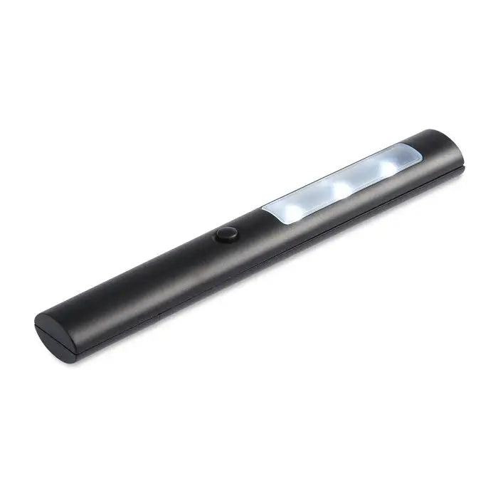 Lanterna cu 3 led-uri magnetica neagra din plastic, cu trei lumini albe si un buton lateral