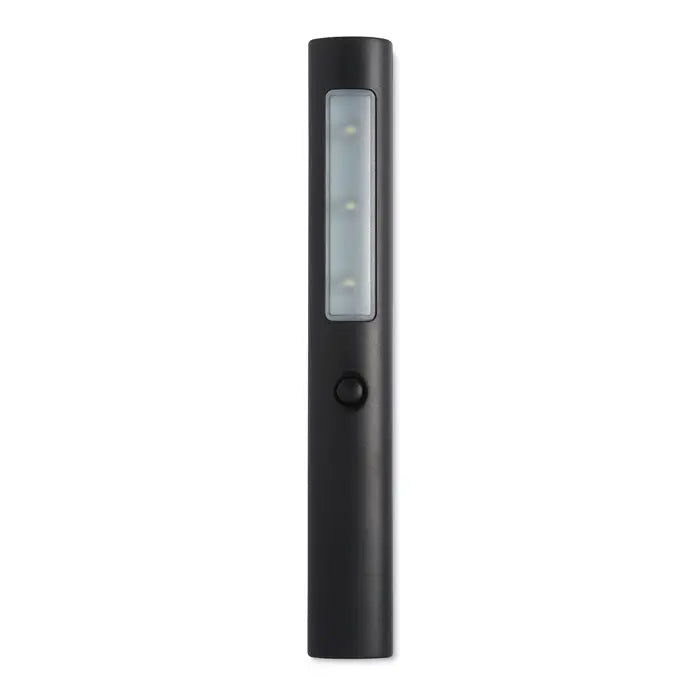 Lanterna cu 3 led uri neagra cilindrica cu magnet si trei becuri vizibile si buton circular sub panoul translucid