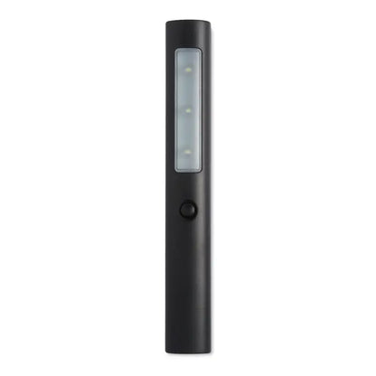 Lanterna cu 3 led uri neagra cilindrica cu magnet si trei becuri vizibile si buton circular sub panoul translucid