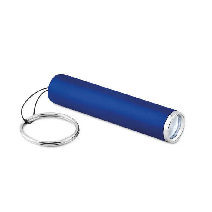 Lanterna cu logo aprins din plastic albastra cilindrica cu cap metalic argintiu si inel pentru breloc