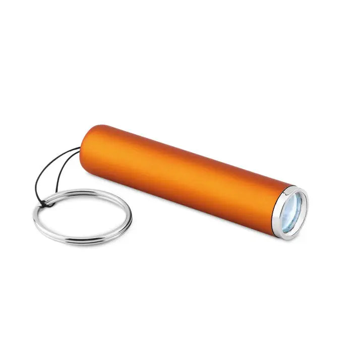 Lanterna cu logo aprins din plastic este o lanterna cilindrica portocalie cu lentila argintie si inel metalic