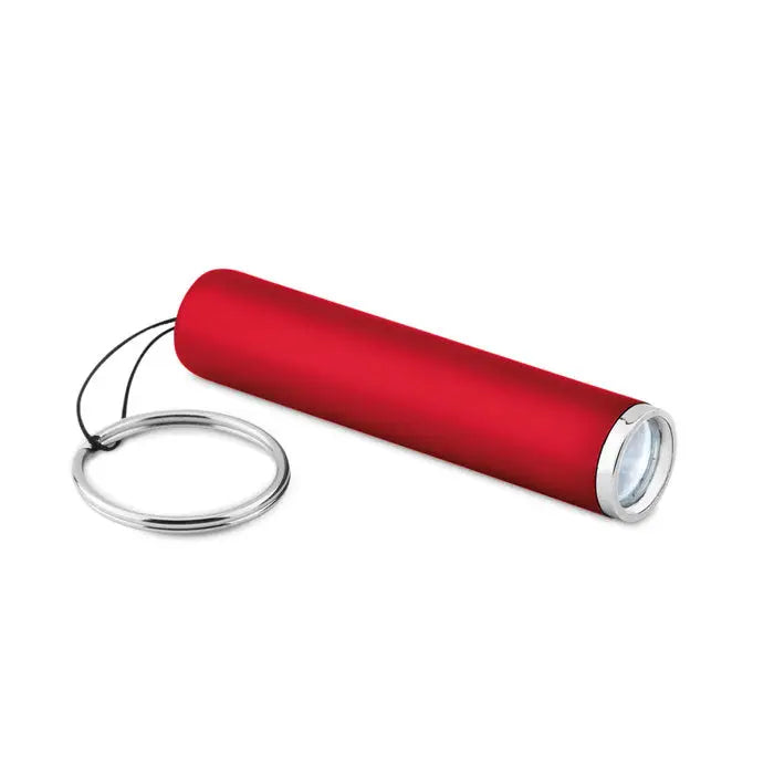 Lanterna cu logo aprins rosu cilindric din plastic cu cap si inel argintiu pentru breloc