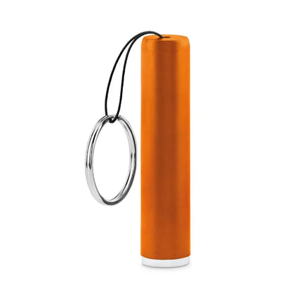 Lanterna portabila cilindrica orange din plastic cu logo aprins, inel argintiu si snur negru