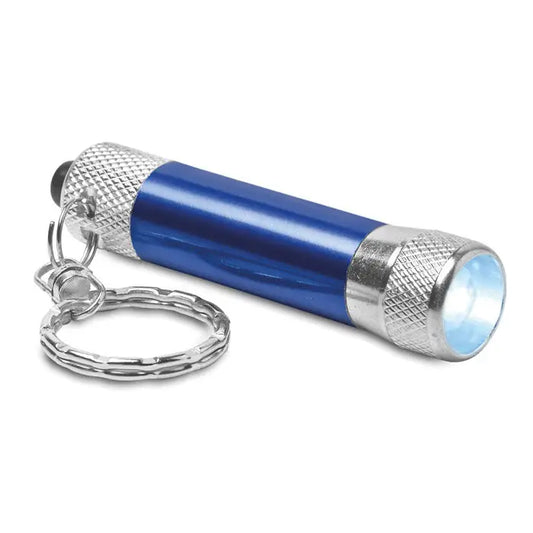 Lanterna din aluminiu cu breloc albastra si argintie cu capete metalice texturate