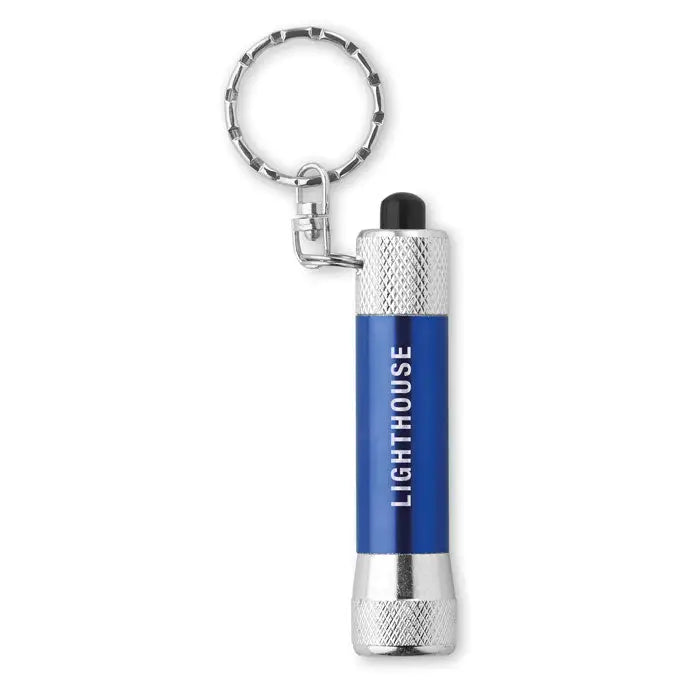 Lanterna din aluminiu cu breloc albastru si argintiu cu accente metalice texturate si mini lanterna integrata