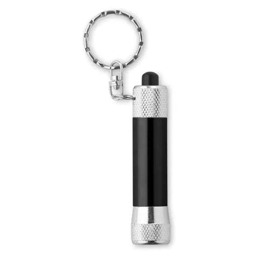 Lanterna din aluminiu cu breloc negru si argintiu cu accente metalice texturate pentru iluminare portabila