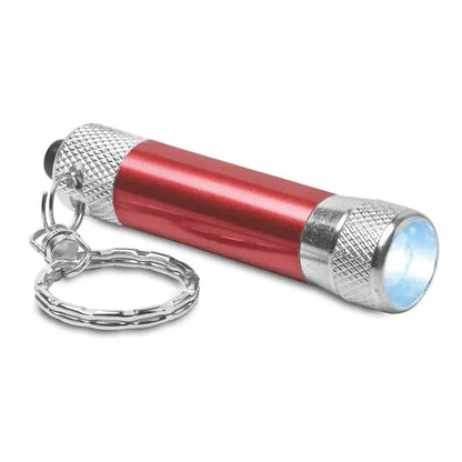 Lanterna din aluminiu cu breloc rosie si argintie cu capete metalice texturate