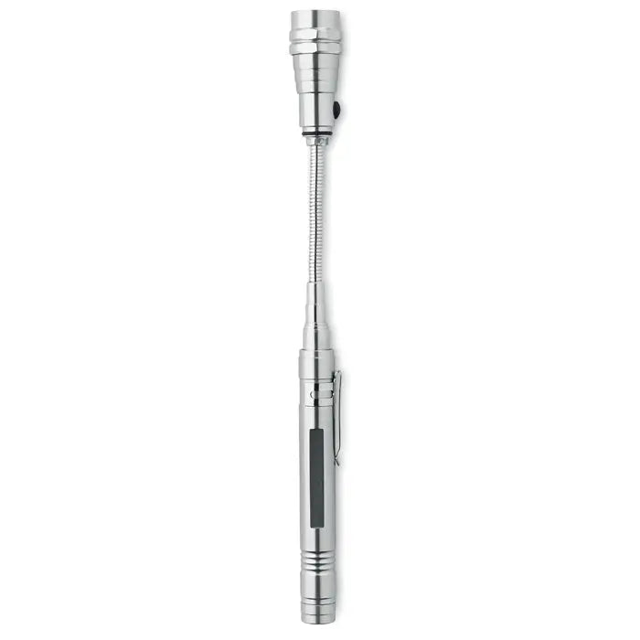 Lanterna extensibila argintie metalica flexibila cu design telescopic si aderenta texturata pentru iluminat portabil