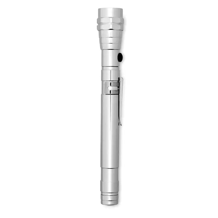 Lanterna extensibila argintie metalica tip stilou cu design cilindric si zone antiderapante pentru o prindere sigura