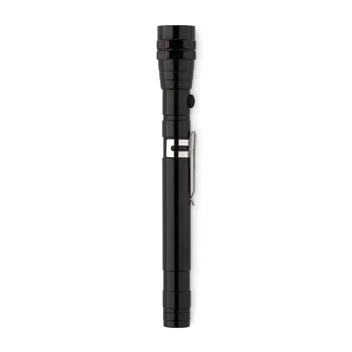 Lanterna extensibila neagra tip pix tactical cu clema metalica argintie si grip texturat