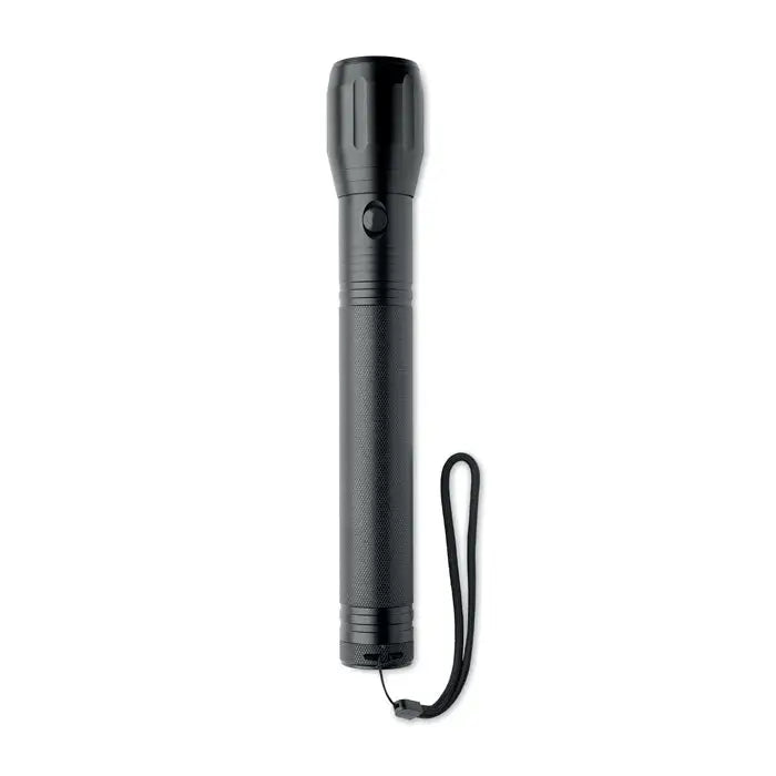 Lanterna led mare din aluminiu neagra cu grip texturat si snur de prindere pentru uz tactical