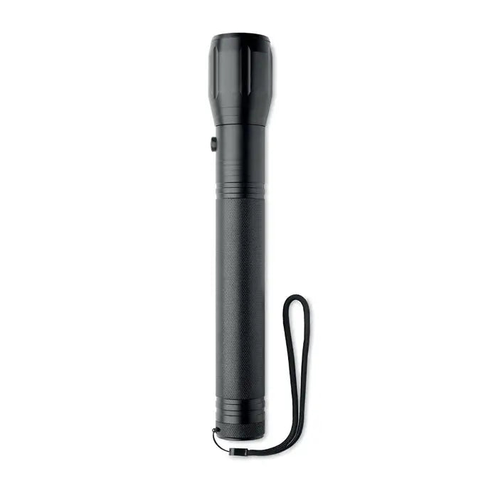 Lanterna led mare din aluminiu neagra cu grip texturat si curea pentru incheietura