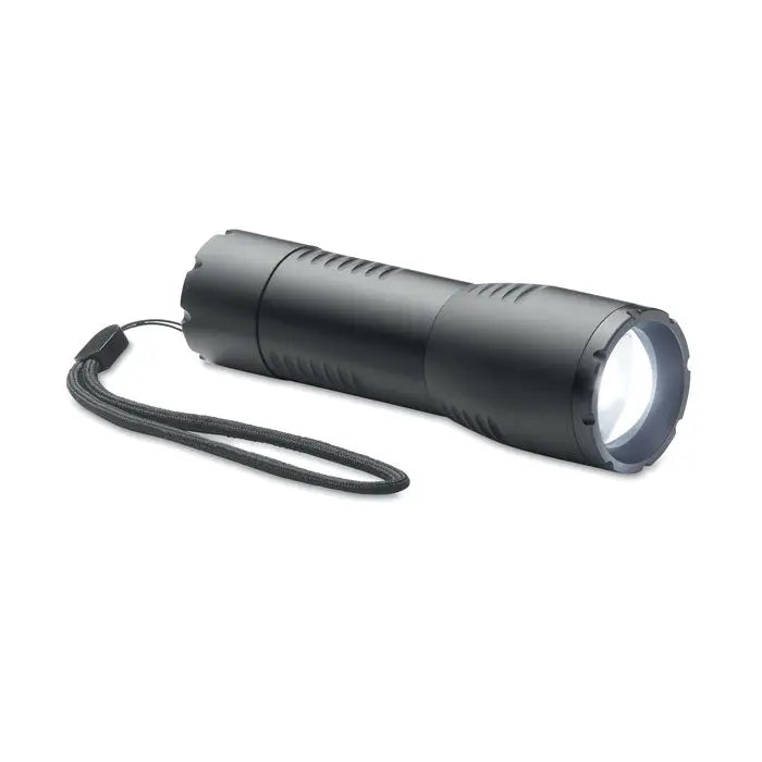 Lanterna led mica din aluminiu neagră cu grip texturat și curea de mână pentru utilizare tactică