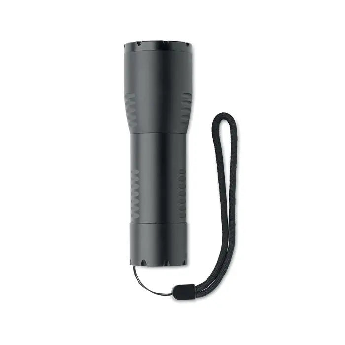 Lanterna led mica din aluminiu neagra cu grip texturat si curea de incheietura pentru tactica