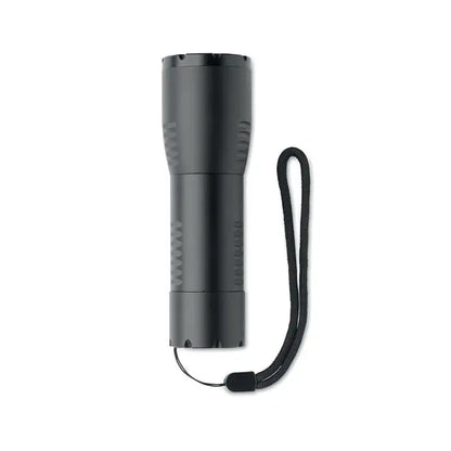 Lanterna led mica din aluminiu neagra cu grip texturat si curea de incheietura pentru tactica