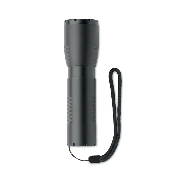 Lanterna led mica din aluminiu neagra cu grip texturat si curea de mana pentru uz tactic