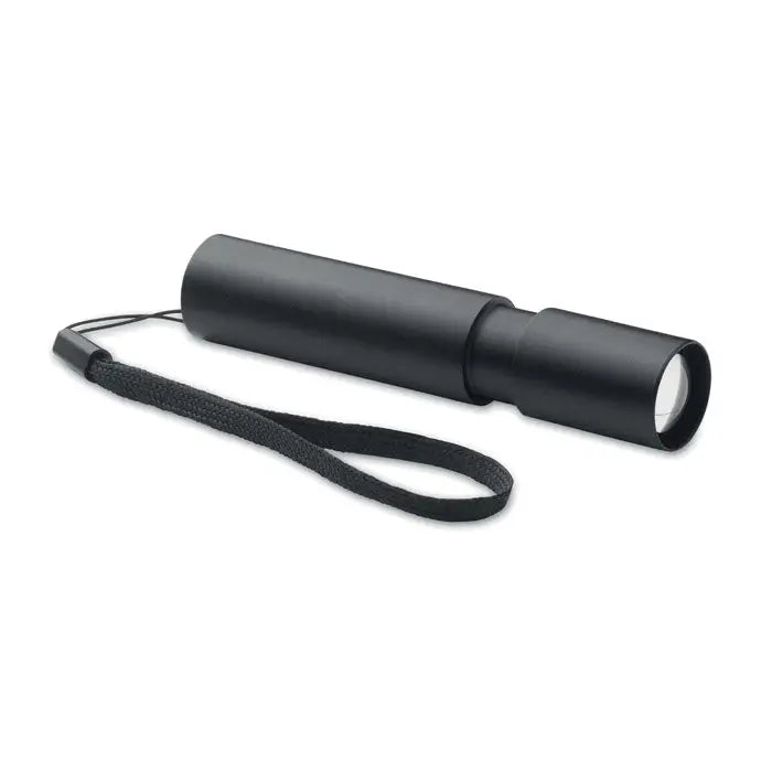 Lanterna reincarcabila din aluminiu neagra cu grip texturat si curea de mana din material textil