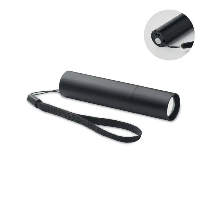 Lanterna reincarcabila din aluminiu neagra cu port usb si bratara din material textil