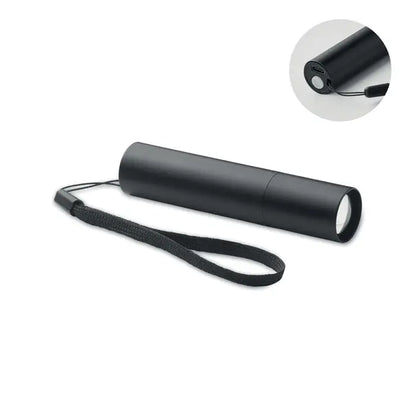 Lanterna reincarcabila din aluminiu neagra cu port usb si bratara din material textil