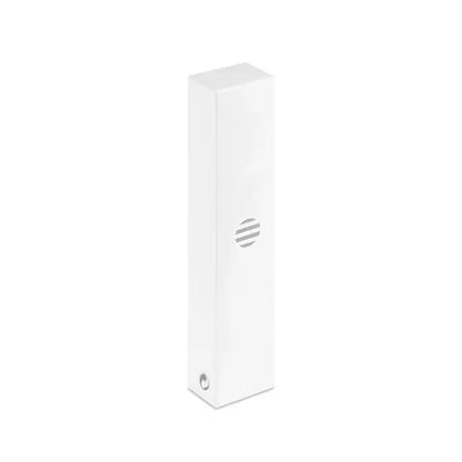 Senzor inteligent alb dreptunghiular cu design minimalist si logo circular gri subtil pentru lanterna reincarcabila din lemn de fag