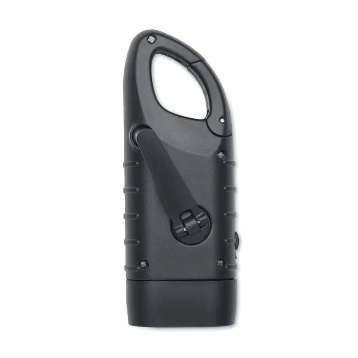 Lanterna solara cu manivela dinam din plastic negru cu grip texturat rezistent si clips carabina integrat