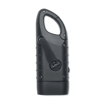 Lanterna solara cu manivela dinam din plastic negru cu grip texturat rezistent si clips carabina integrat