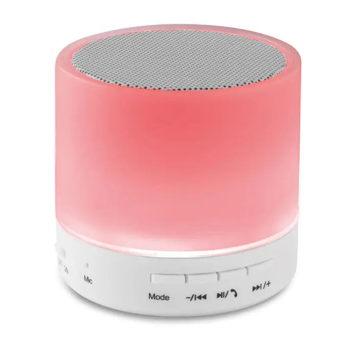 Led difuzor rotund wireless roz cilindric cu bază albă și butoane de control pentru redare bluetooth