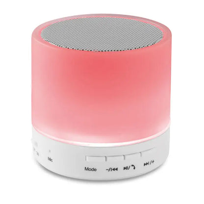 Led difuzor rotund wireless roz cilindric cu bază albă și butoane de control pentru redare bluetooth