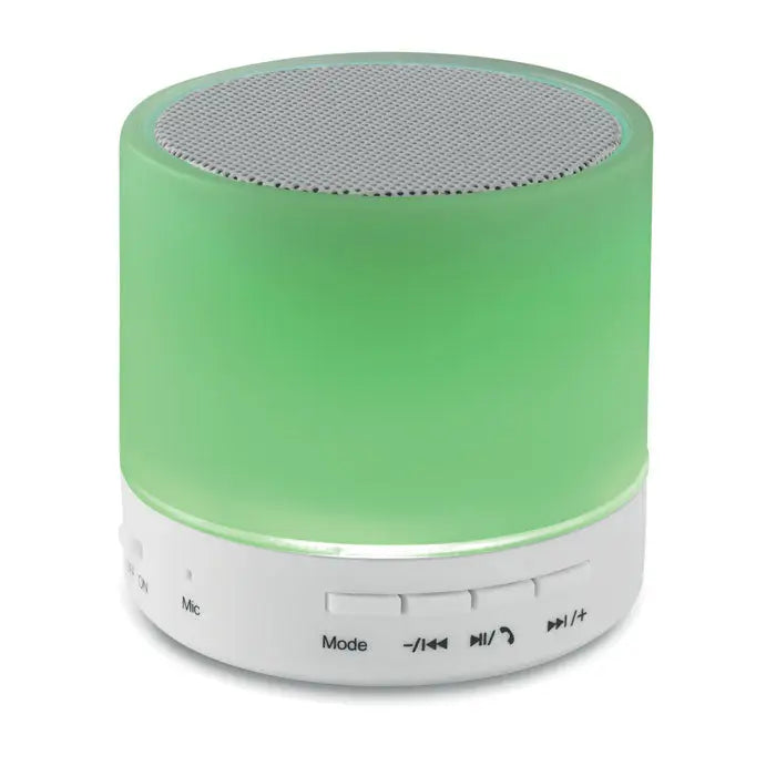 Difuzor led rotund wireless verde cu baza alba si butoane de control pentru redare bluetooth