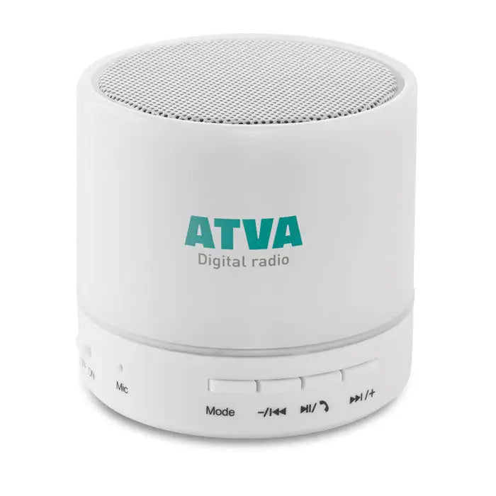 Radio digital alb atva cilindric cu grilaj din mesh si butoane de control pentru led difuzor rotund wireless
