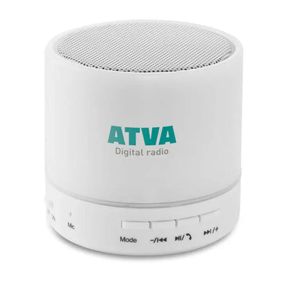Radio digital alb atva cilindric cu grilaj din mesh si butoane de control pentru led difuzor rotund wireless