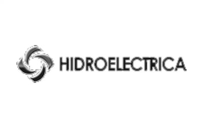 Logo alb-negru cu cuvântul „hidroelectrica” lângă un emblemă circulară stilizată.