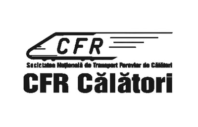 Logo alb-negru cu un tren stilizat având ’cfr’ în litere grase deasupra textului ’societatea națională de transport perovator de câlători’ și ’cfr căl