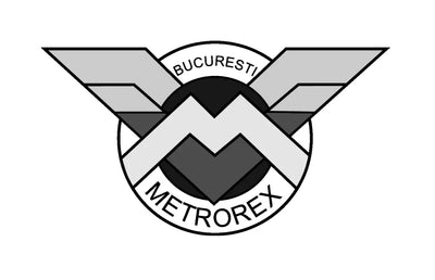 Logo-ul în tonuri de gri prezintă un „m” stilizat cu aripi și textul „bucuresti” deasupra și „metrorex” dedesubt, reprezentând marca bucuresti metrorex.