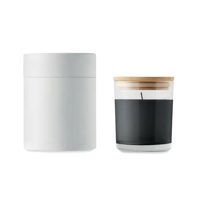 Lumanare cu parfum de vanilie neagra in borcan de sticla transparent cu capac din bambus si recipient cilindric alb