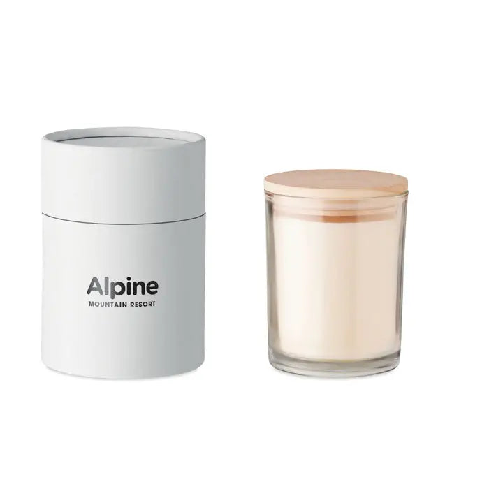 Lumanare cu parfum de vanilie in borcan de sticla transparenta cu capac de lemn deschis si cutie cilindrica alba minimalista