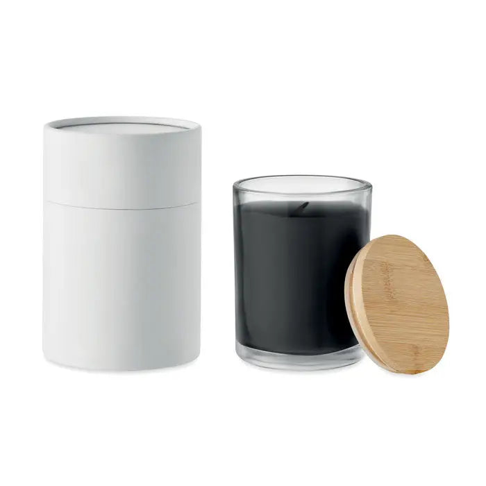 Lumanare cu parfum de vanilie in borcan de sticla transparenta cu capac din bambus si ceara neagra