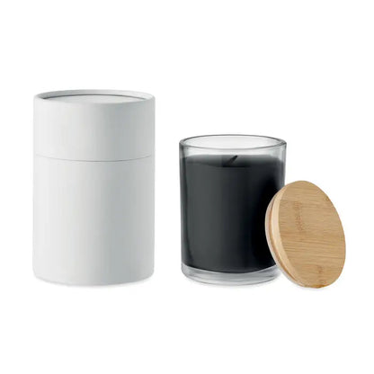 Lumanare cu parfum de vanilie in borcan de sticla transparenta cu capac din bambus si ceara neagra