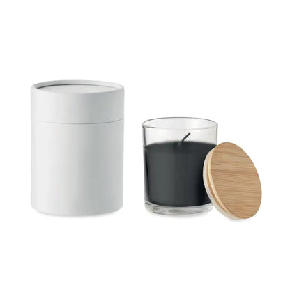 Lumanare cu parfum de vanilie neagra in borcan de sticla transparenta cu capac din bambus