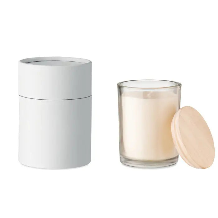 Lumanare cu parfum de vanilie in recipient cilindric alb din sticla clara cu ceara off-white si capac din lemn deschis