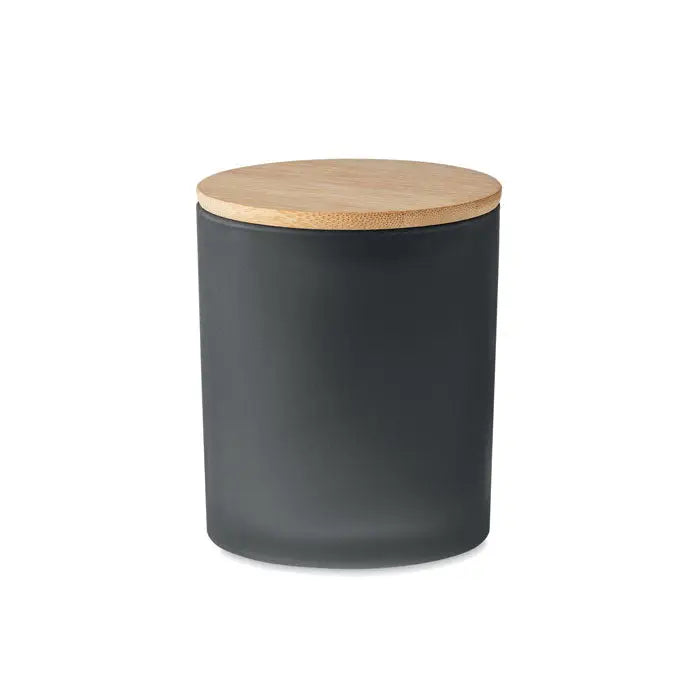 Borcan mat negru din sticla cu capac din lemn deschis pentru lumanare de ceara pe baza de plante 120 gr