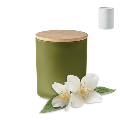 Lumanare de ceara pe baza de plante 120 gr in borcan ceramic olive mat cu capac din bambus natural