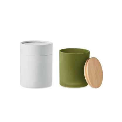 Lumanare de ceara pe baza de plante 120 gr in borcan ceramic verde masliniu mat cu capac natural din lemn