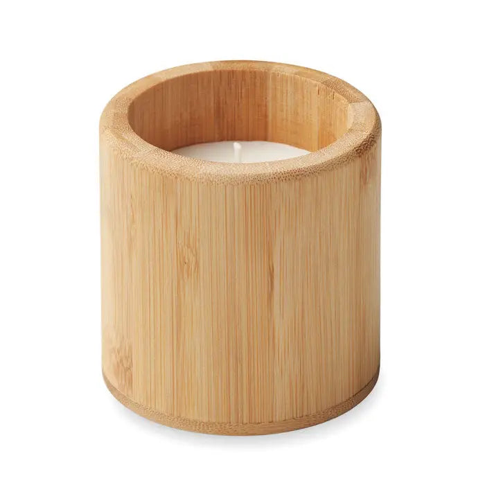 Lumanare de ceara pe baza de plante 160 gr cu suport de bambus natural, finisaj fin, tan deschis si fibra verticala vizibila